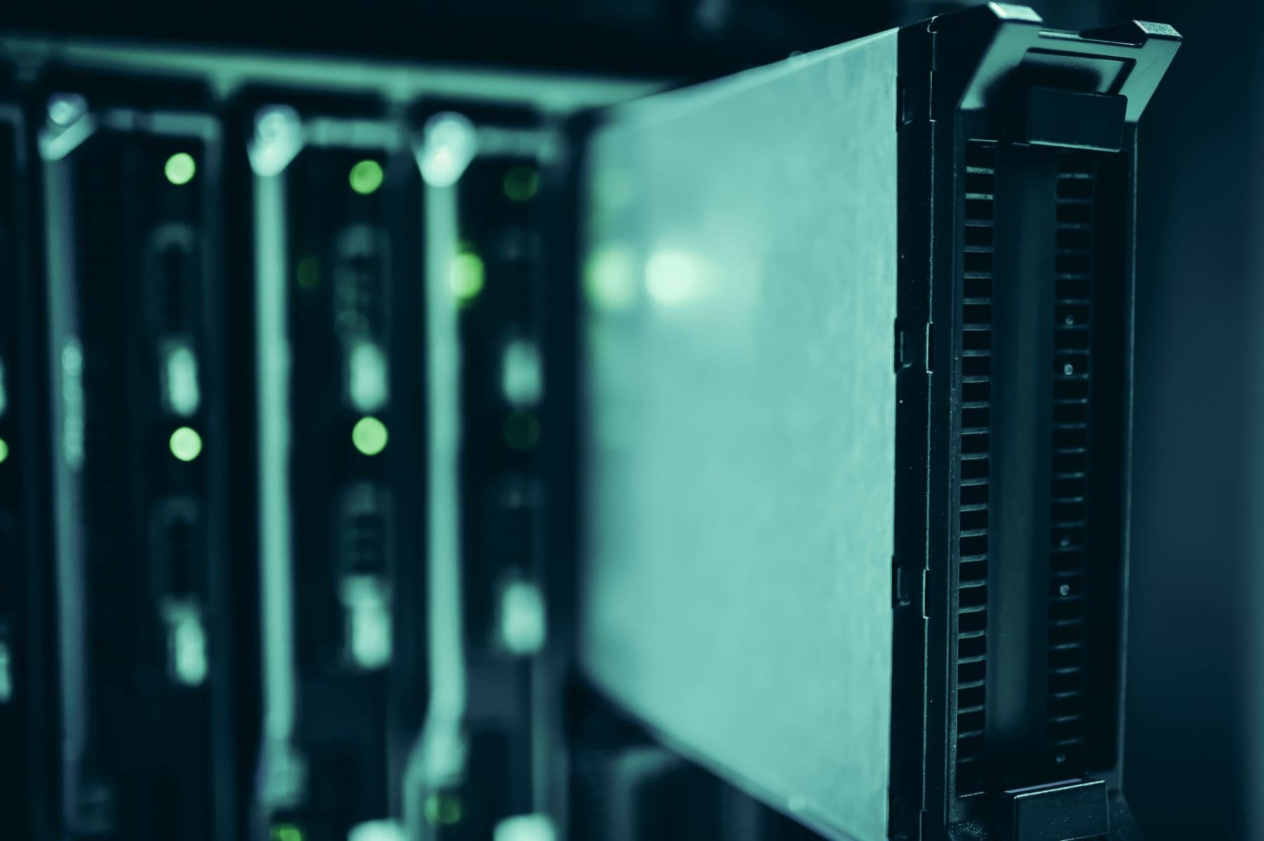 Glowing server racks in a data center